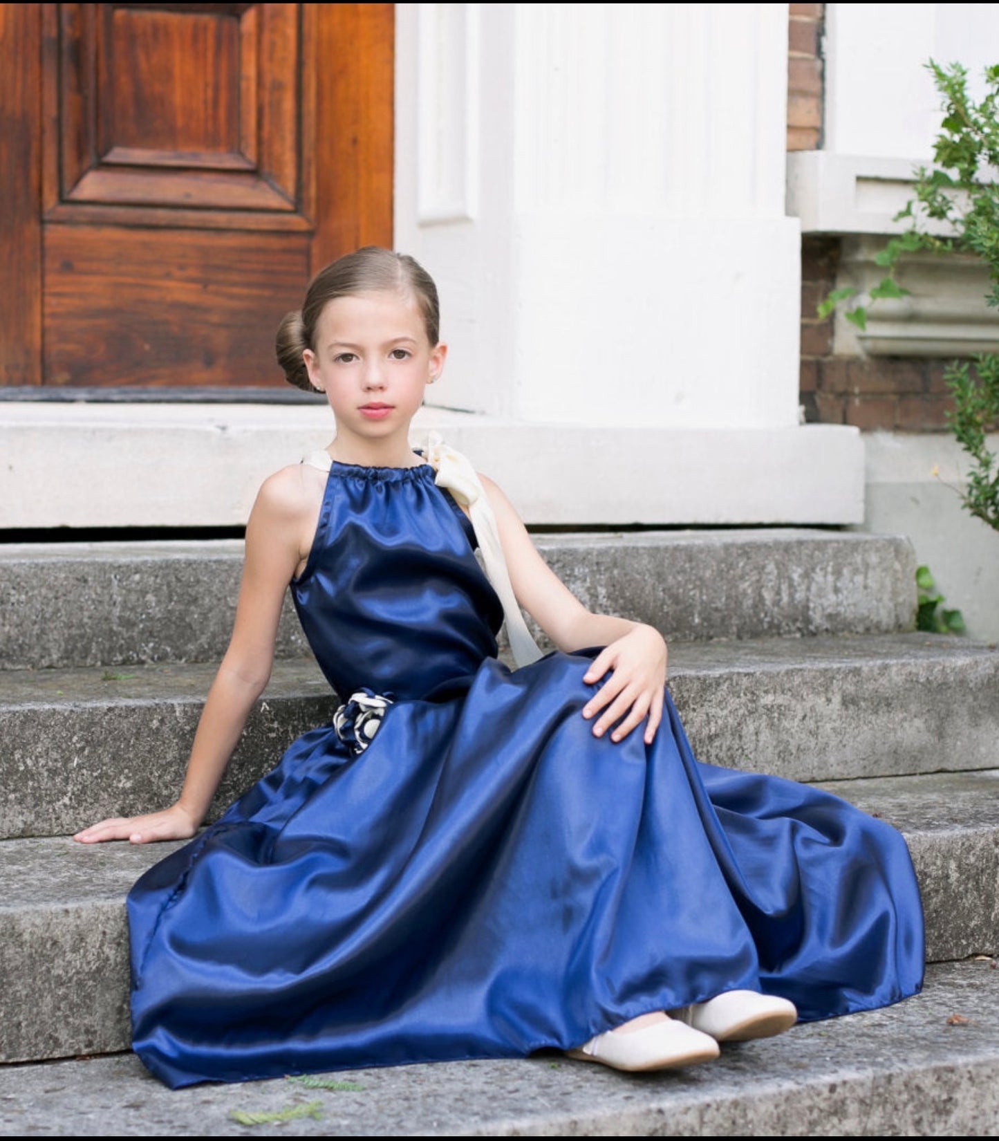 Girls Navy Blue Satin Wedding Outfit