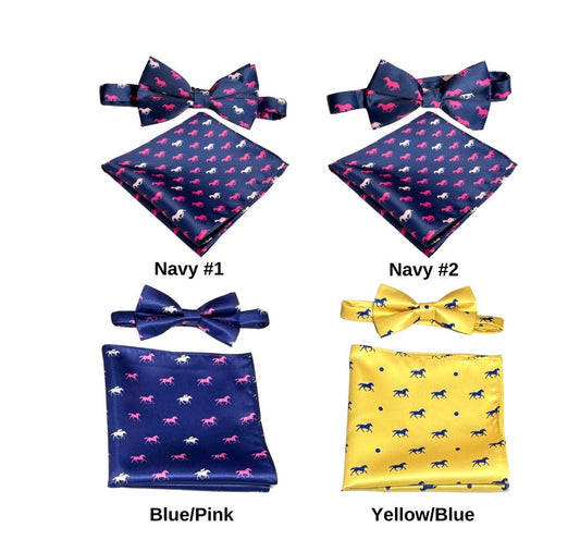 Blue with Pink and White Horses Satin Bow Tie