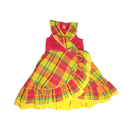 Girl’s Caribbean national costume Madras plaid faux wrap dress with ruffle hem.