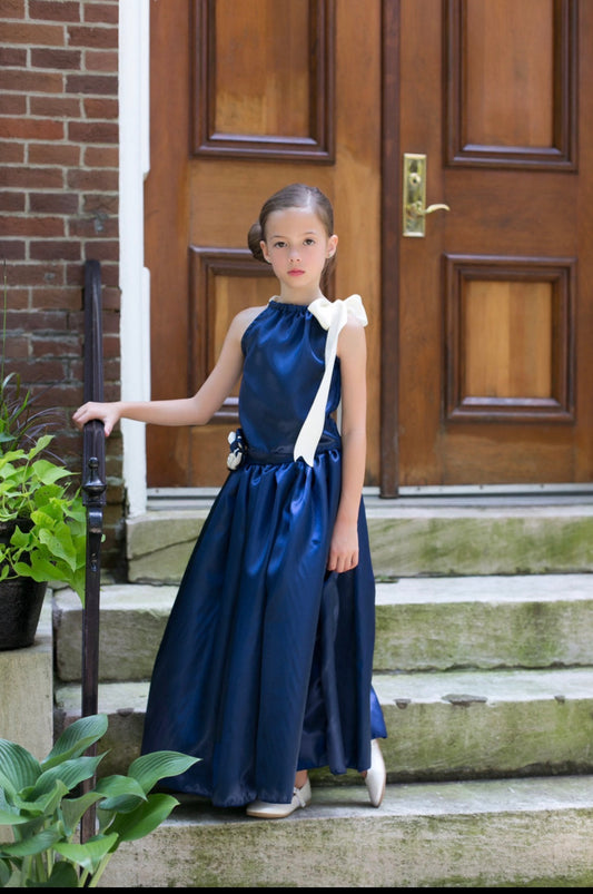 Girls Navy Blue Satin Wedding Outfit