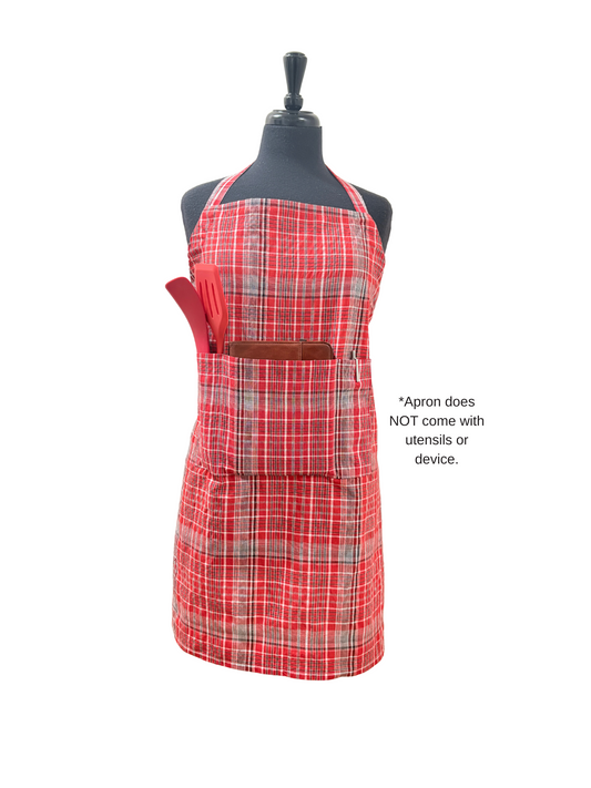 Jamaican plaid bib apron with divided front pocket, adjustable neck strap, and waist ties that wrap front or back. Perfect unisex apron for farmers markets, craft fairs, or cultural festivals. Handmade in authentic red bandana fabric, fits Teen/XS–3XL.