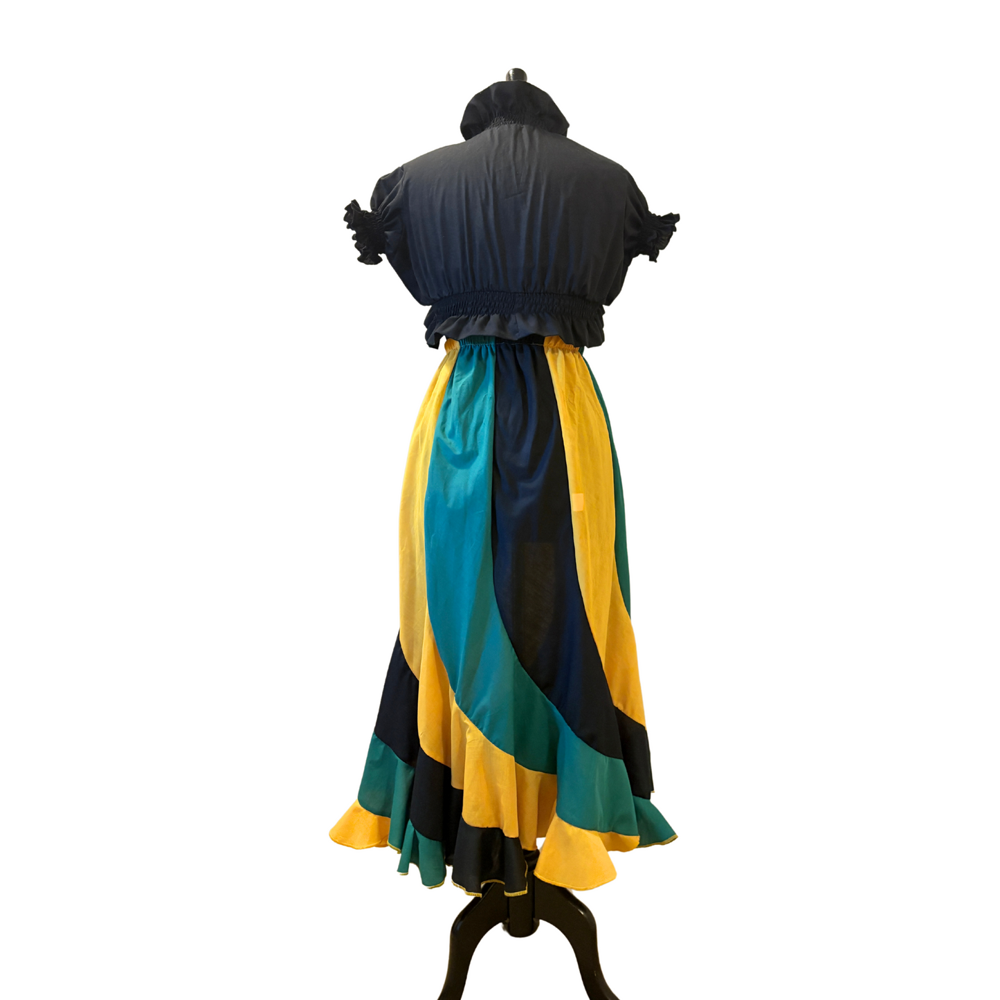 Back view of Jamaican Flag Skirt & Bolero Set with a Peppermint Swirl Design and fits between women’s XS-Medium