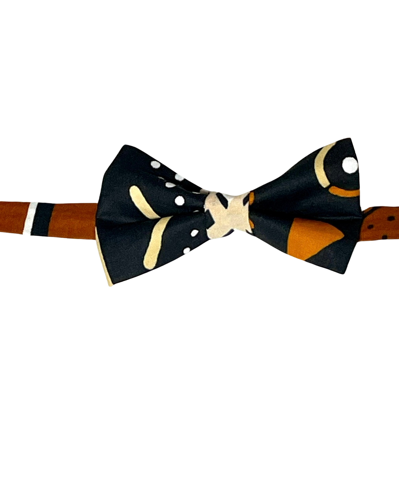 African print bow tie in black and brown hues.