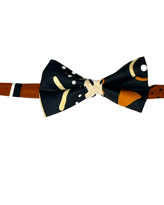 African print bow tie in black and brown hues.
