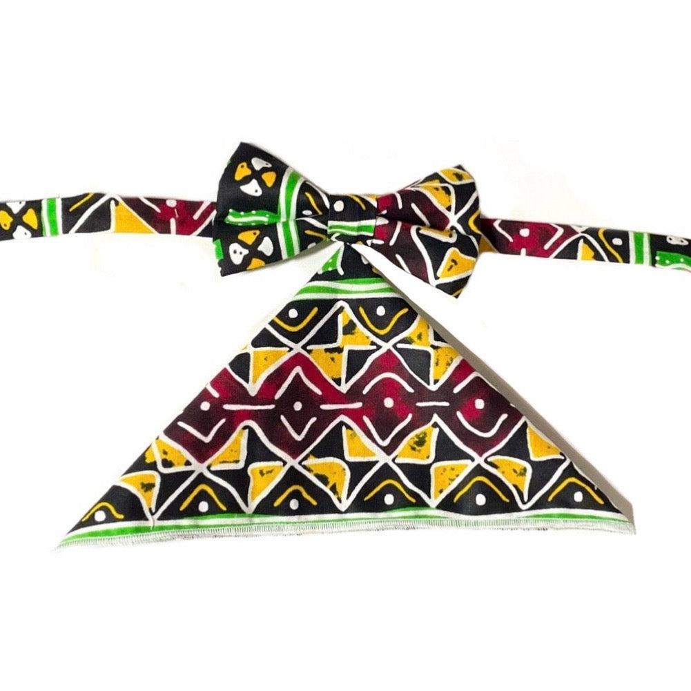 Black multi color Reggae bow tie and pocket square.