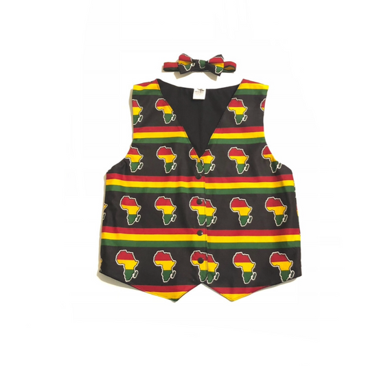 African map vest with the iconic red, green, yellow on a black base print.