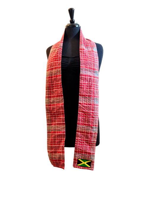 Jamaican bandana graduation stole on red, blue and white plaid and the Jamaican flag embroidery attached.