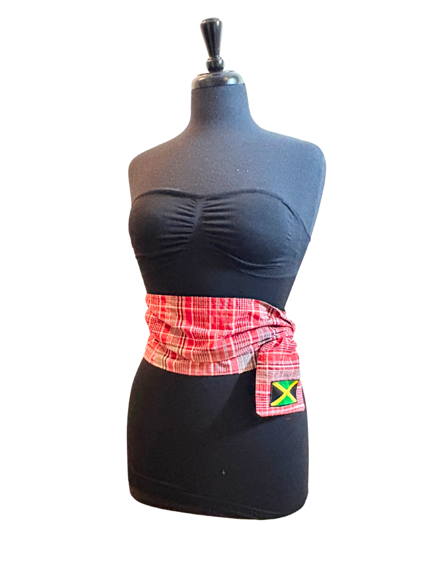 Jamaica bandana red, blue and white plaid sash with the Jamaican embroidery flag attached.