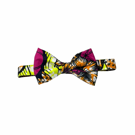Jabari Ankara African Wax Print Bow Tie for Men with hues of yellow, orange, dark pink, orange, white and black.