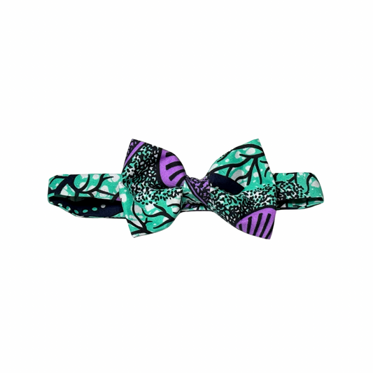 Ekon Purple African Print Bow Tie for Men with hues of green, purple, white and black.