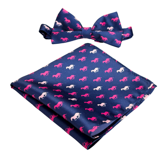 Navy Satin Horse Theme Bow Tie Set