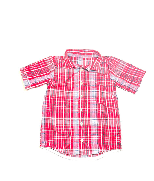 Boy’s Jamaican bandana red plaid shirt with collar and shell button closure.
