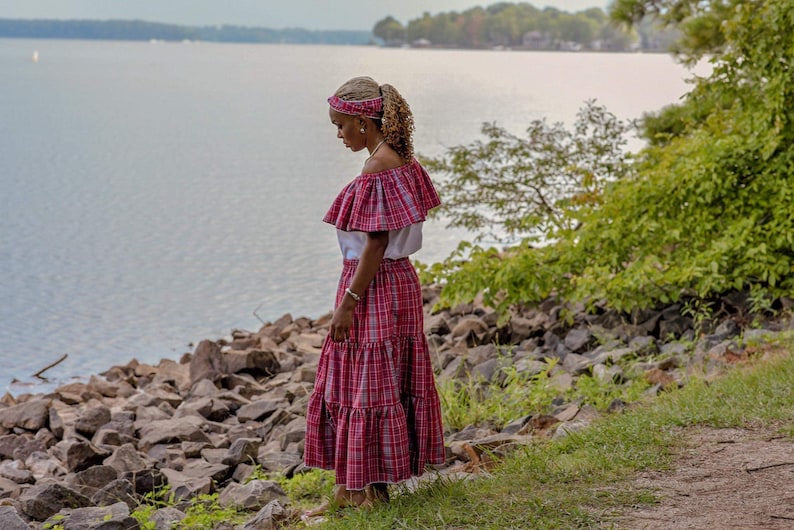 Bandana skirt, peasant top and head wrap.