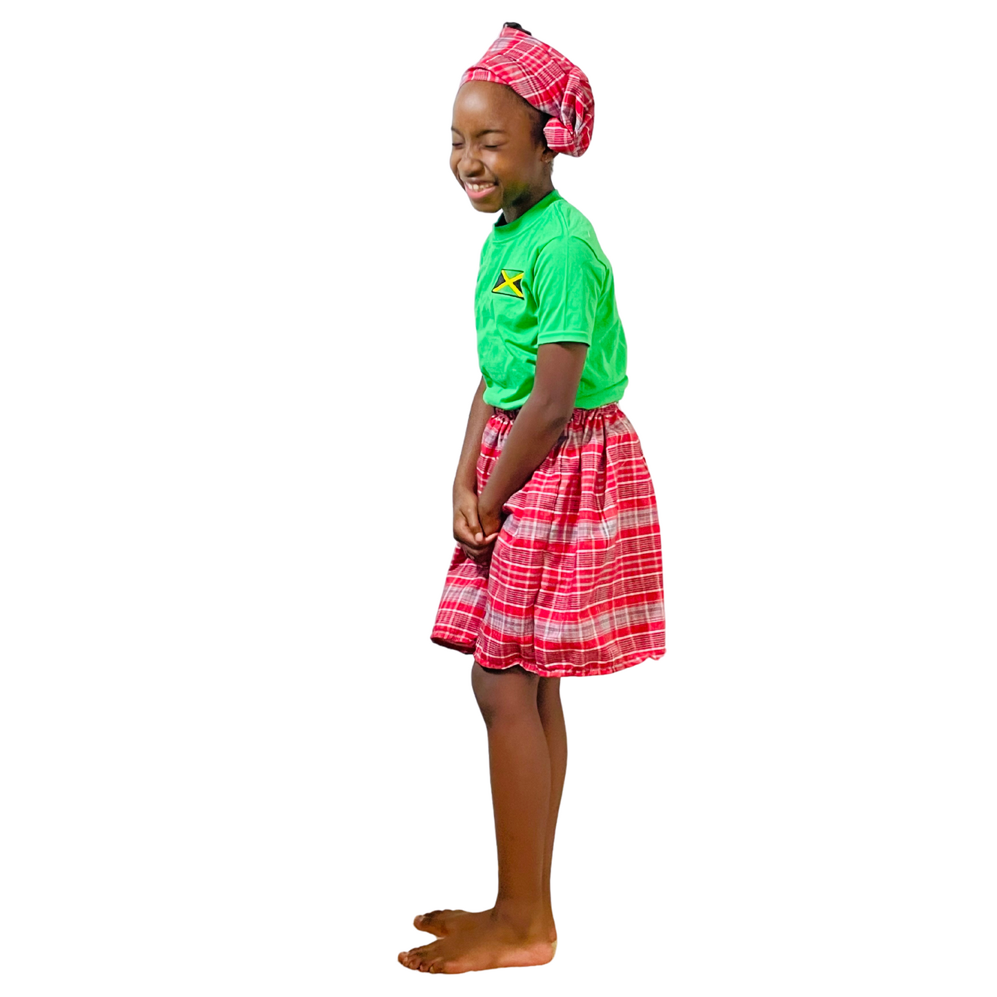 African American model girl wearing the Jamaican bandana print red plaid skirt set