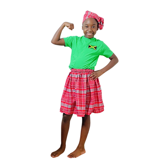Model is 9 and wearing the size 8/10 Jamaican bandana print skirt set