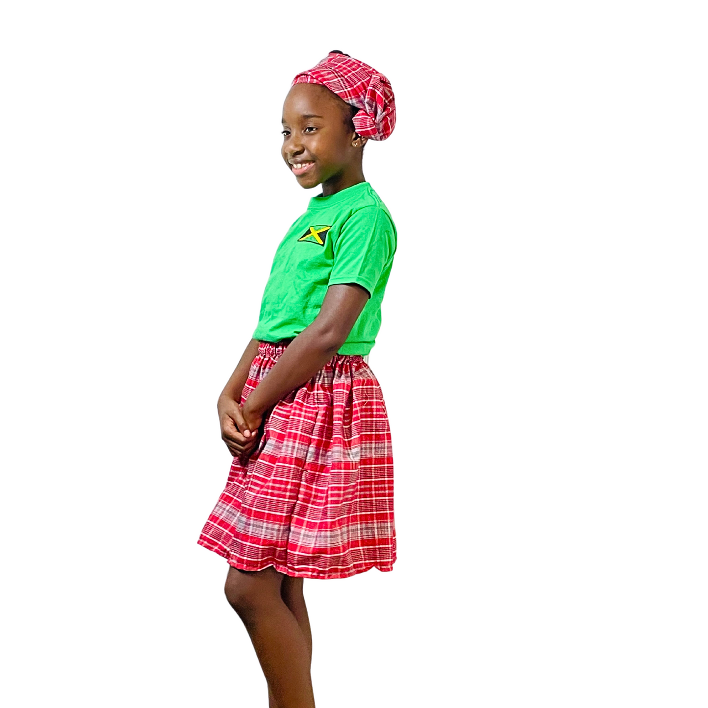 Model is 9 and wearing the size 8/10 Jamaican bandana print skirt set