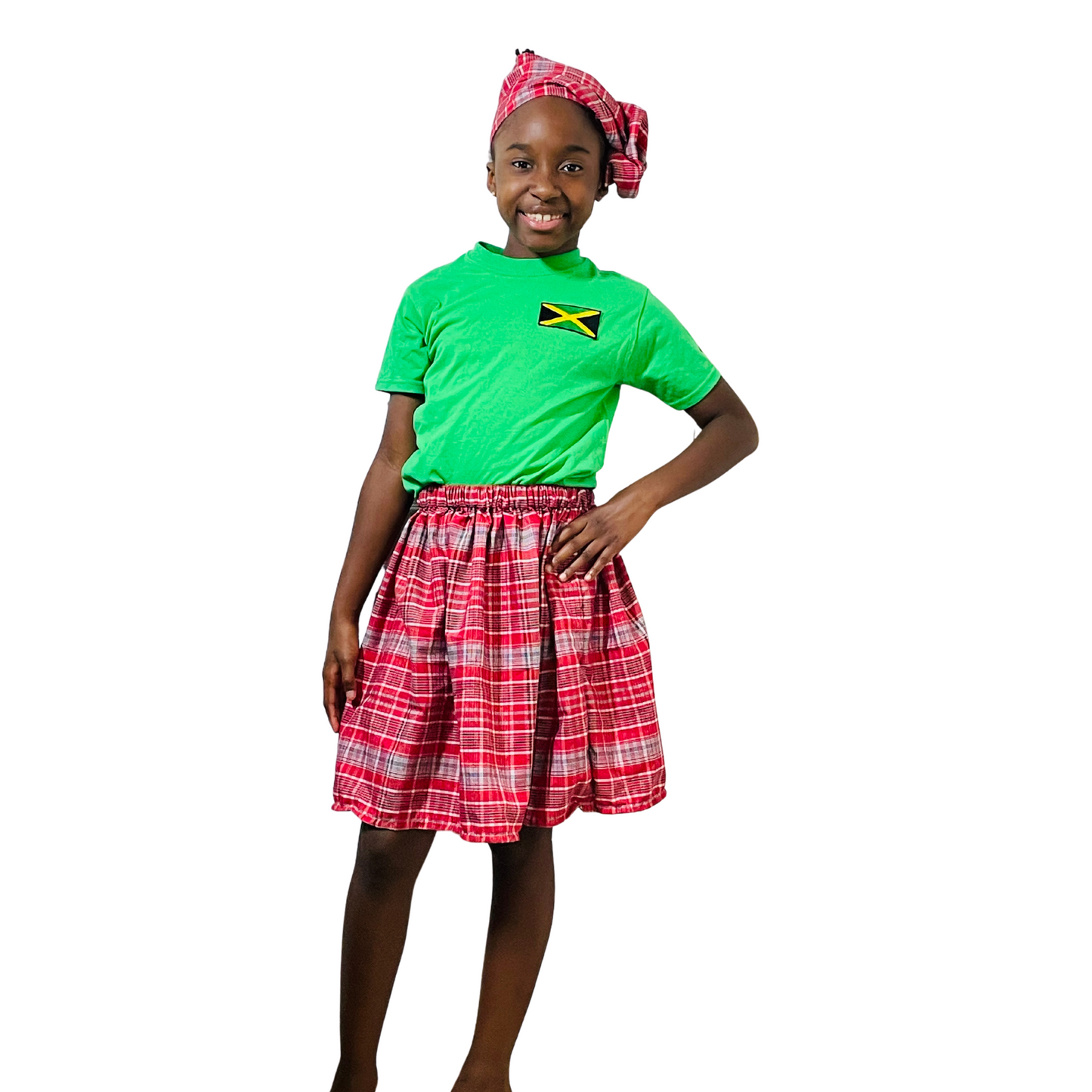 Model is 9 and wearing the size 8/10 Jamaican bandana print skirt set