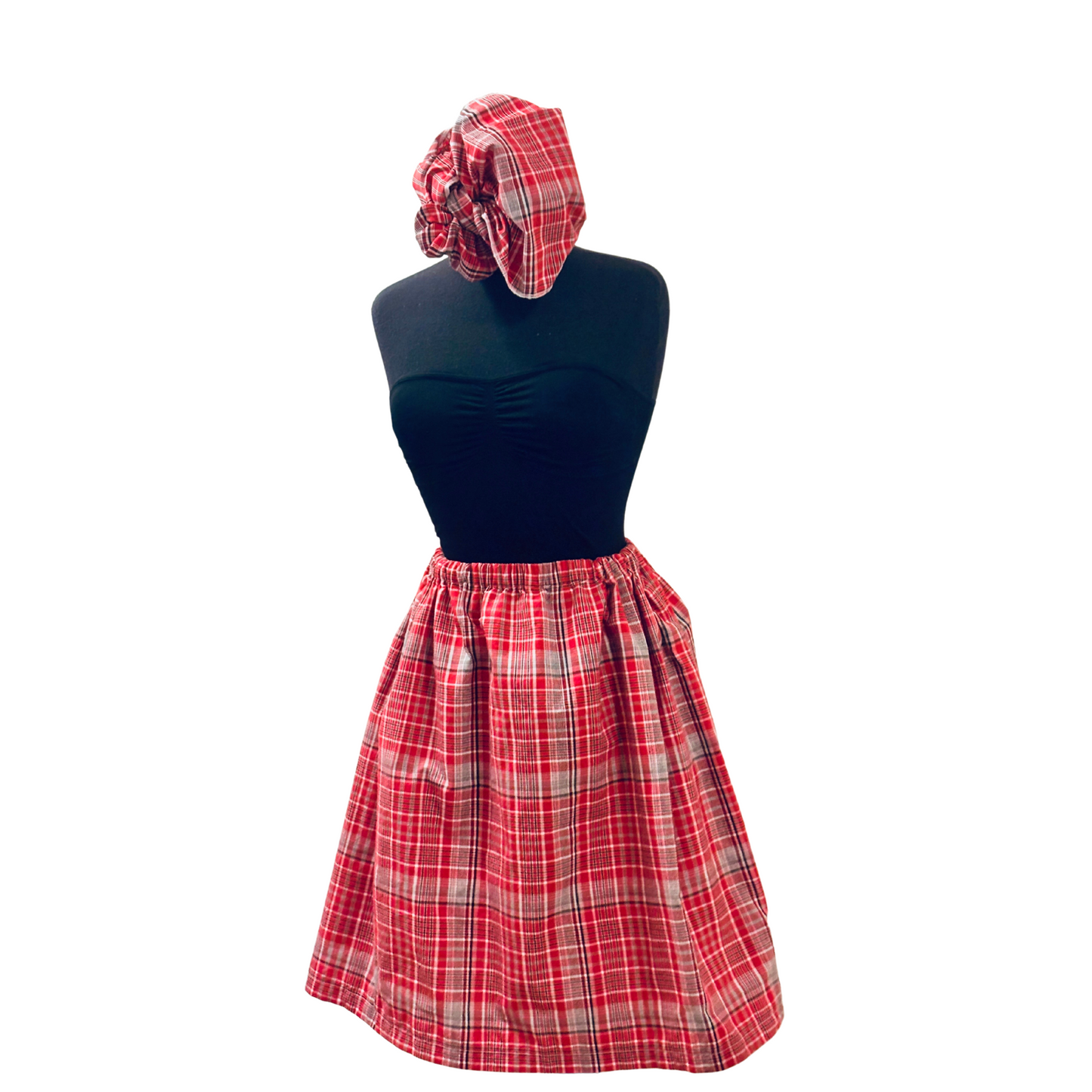 Ladies Jamaican red plaid bandana skirt and head wrap on a dress form