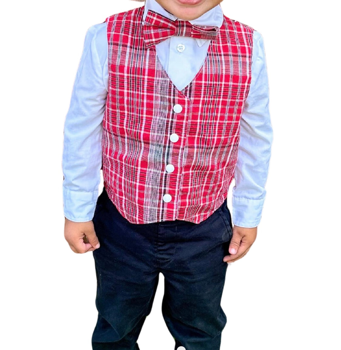 Traditional Jamaican style red plaid bandana vest and pretied adjustable bow tie outfit for boys toddler to age 12.