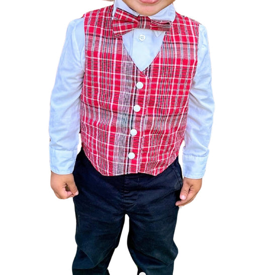 Traditional Jamaican style red plaid bandana vest and pretied adjustable bow tie outfit for boys toddler to age 12.