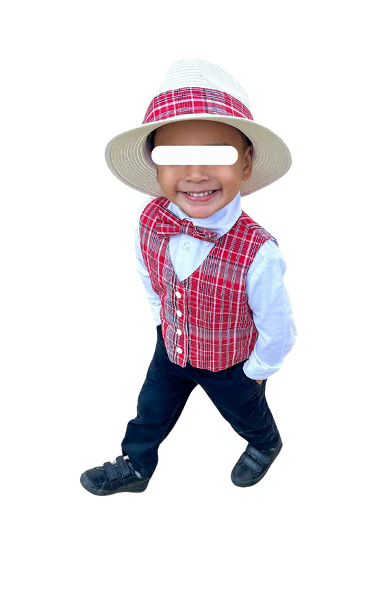 Traditional Jamaican style red plaid bandana vest outfit for boys toddler to age 12.