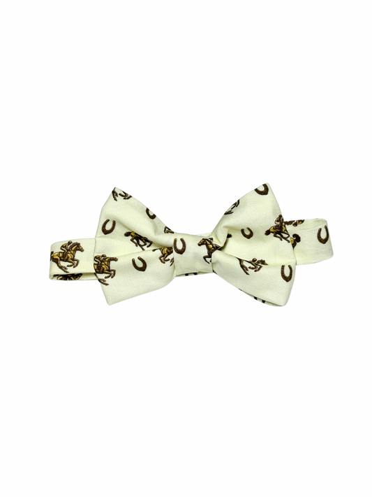 Gorgeous ivory with brown derby horses and jockey pretied bow tie and adjustable neckband.