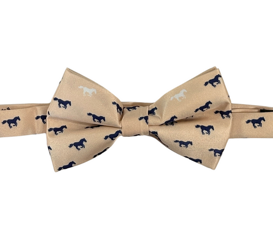 Champagne bow tie with horse pattern on a white background