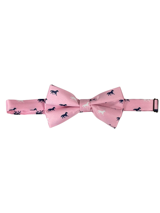 Pink bow tie with navy horse pattern on a white background