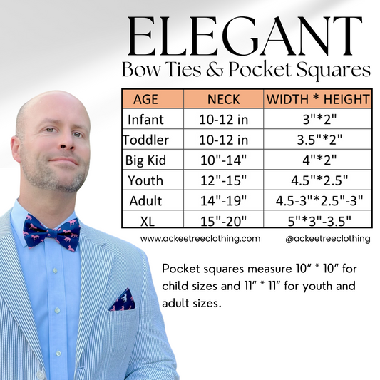 Man wearing navy bow tie and matching pocket square beside size chart for bow ties