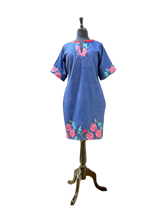 Blue denim look cotton chambray lightweight caftan shift dress with embroidery motif.