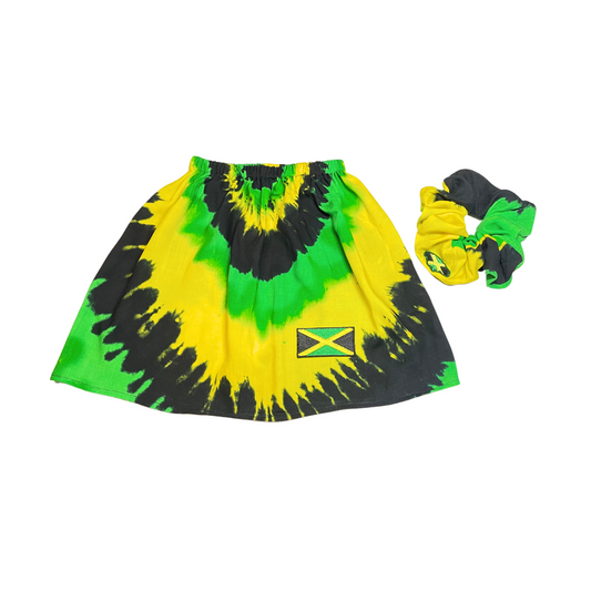 Jamaican flag tie dye simulated print skirt and scrunchie with added felt and flag embroidery attached.