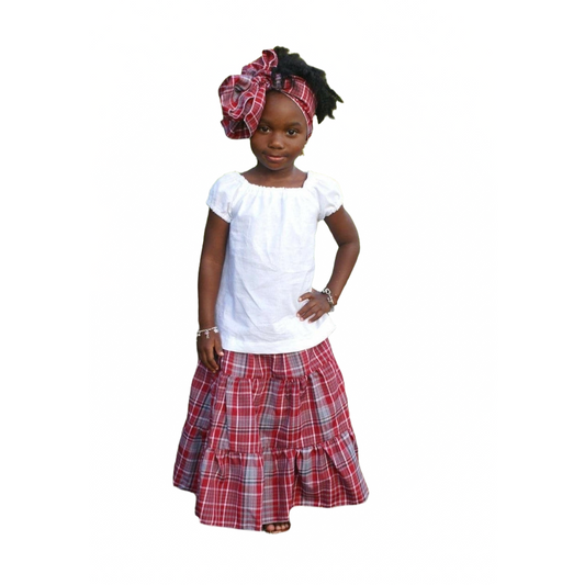Jamaican Bandana skirt set for girls with a white peasant short sleeve top, bandana skirt and head tie.