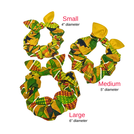 Kente African print hair scrunchie with knotted hair bow attached. Suitable for girls and women.