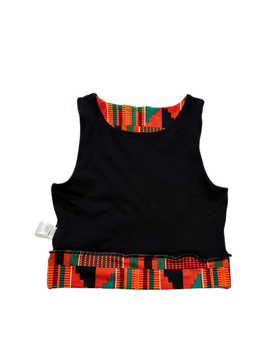 Orange Kente crop top, sleeveless with black lining, round neckline, scoop back, and banded waistband. Features bold African-inspired patterns for versatile wear.