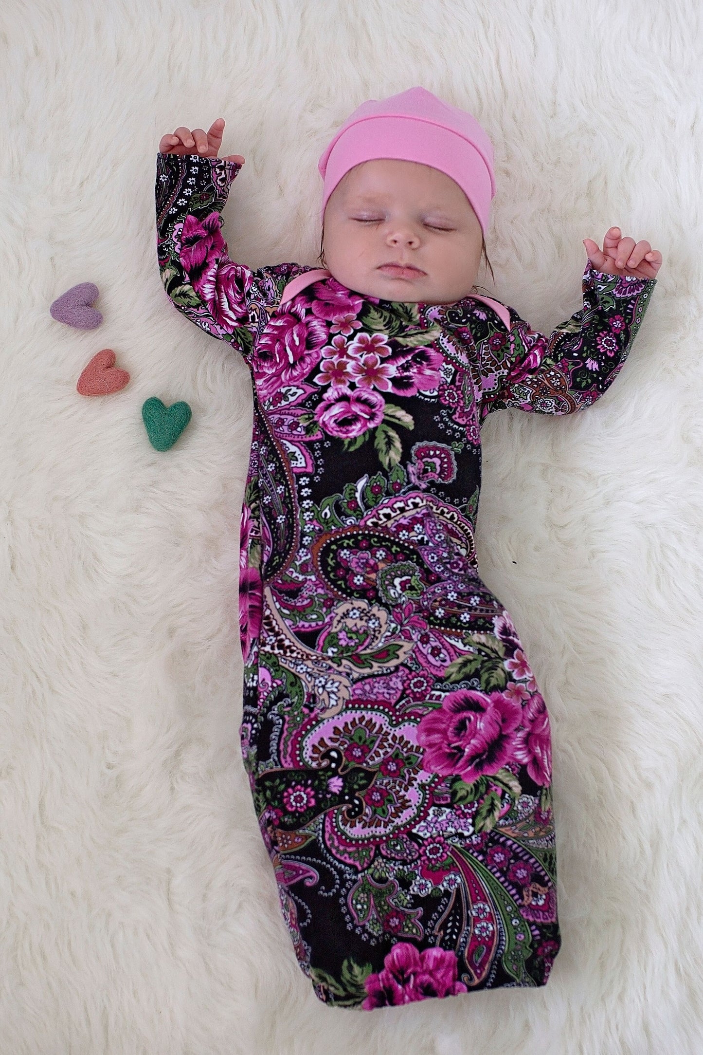 Purple Floral Baby Gown with Hat 0-9 months