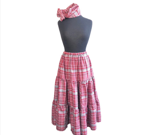 Women's Jamaican Bandana red, blue and white plaid 3-tier skirt and matching headwrap.