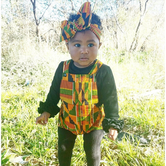 Kente one-piece baby romper with headwrap