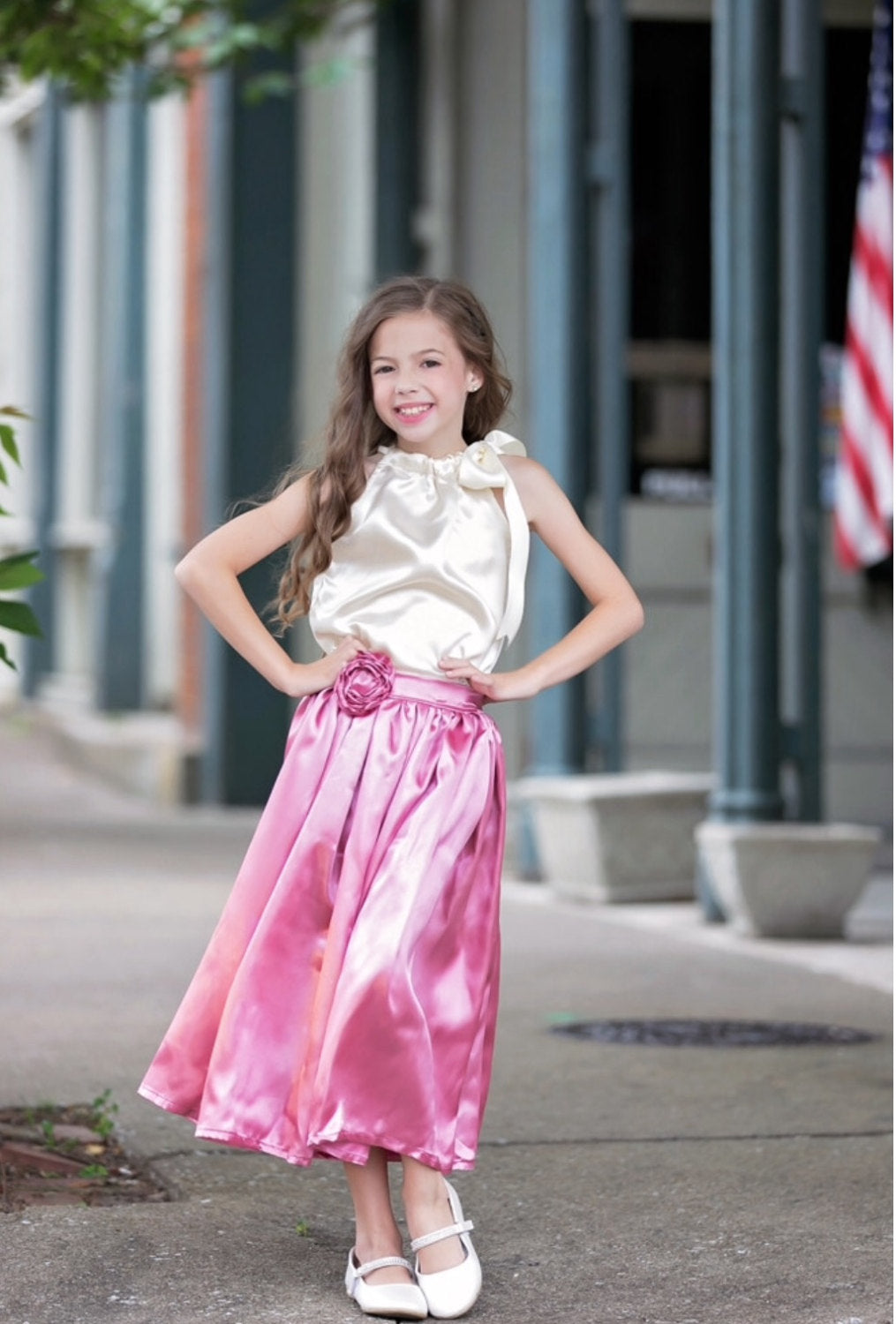 Conjunto Niña Falda Raso Rosa Rosa