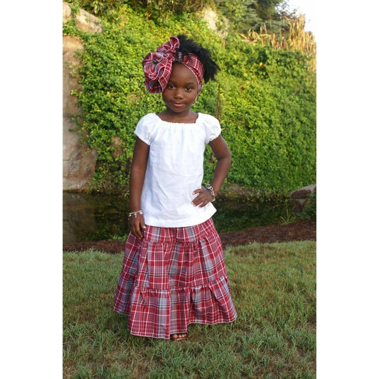 Jamaican bandana skirt with a white peasant top and a head wrap for girls