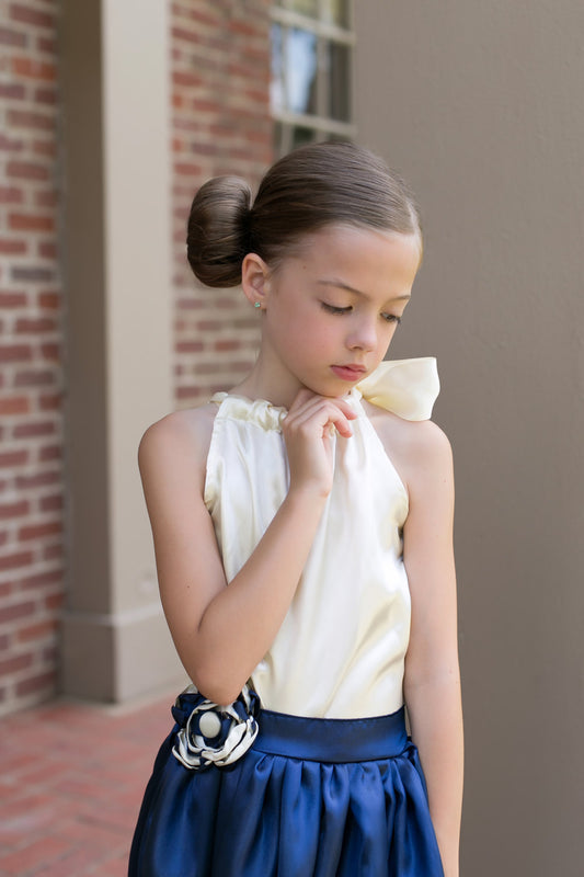 Navy Blue & Ivory Satin Skirt Set