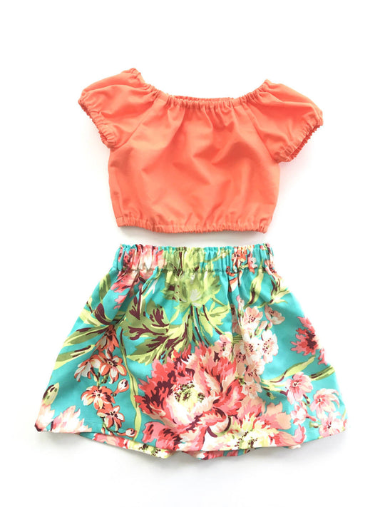 Girls Floral Skirt & Crop Top Set