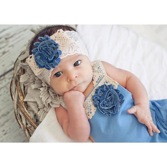 Blue Boho Baby Romper with Lace Headband