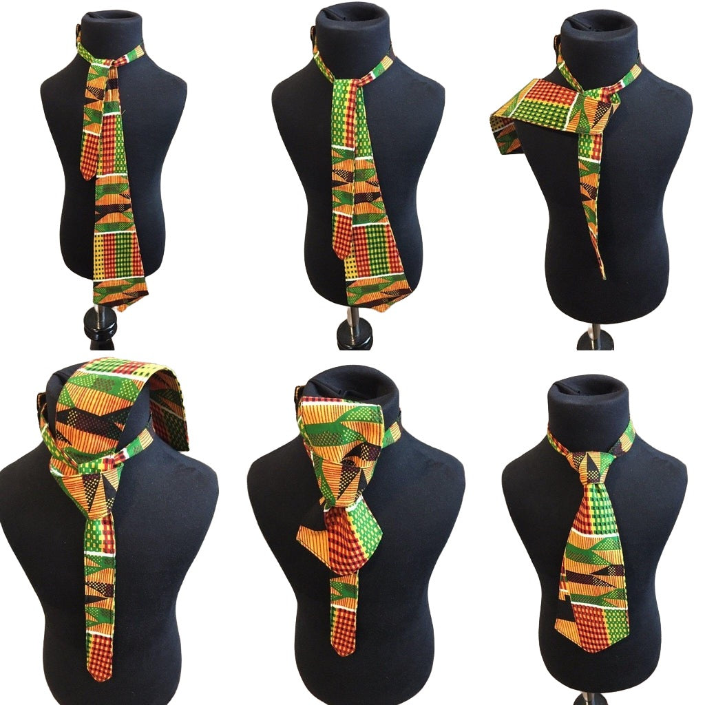 Pictures showing how to tie the boy’s Kente tie. Kente African print fabric has rich yellows, orange, green, red, black and white.