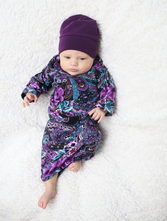 Purple Floral Baby Gown with Hat 0-9 months