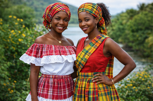 Representation of Jamaican woman wearing a Jamaican bandana red, white and blue fabric skirt set with white lace trim and a lady wearing a red shirt with a madras multi color print skirt, sash and headwear. 