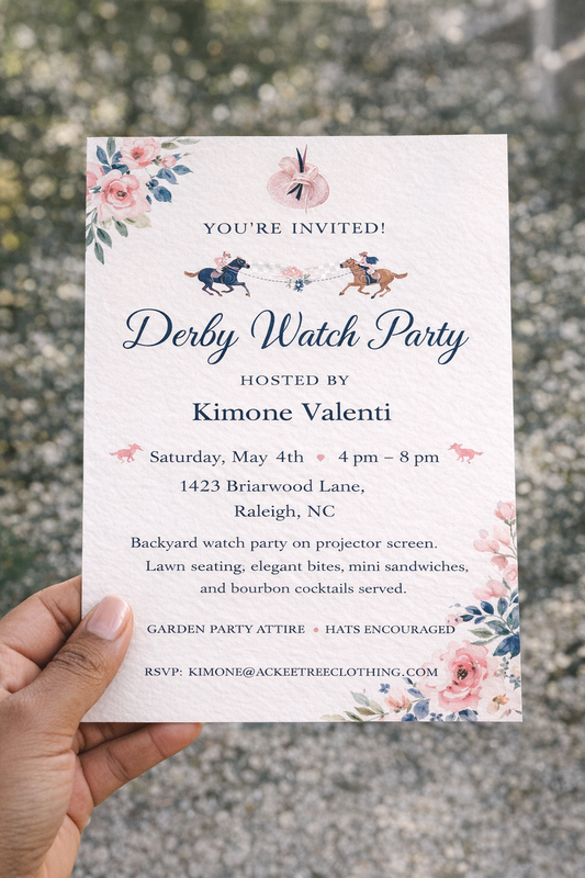 A simulated Derby watch party invitation giving date and address and dress code held in one hand and shown in an outdoor setting. Image generated by an AI prompt. 