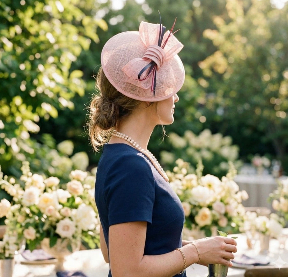  AI-assisted Derby style visualization of a navy sheath dress with blush fascinator