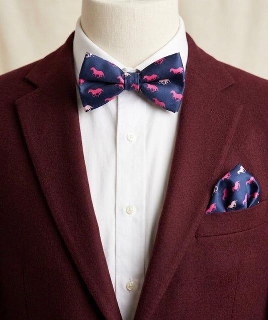 Burgundy blazer with matching navy horse print bow tie and pocket square for Derby menswear styling