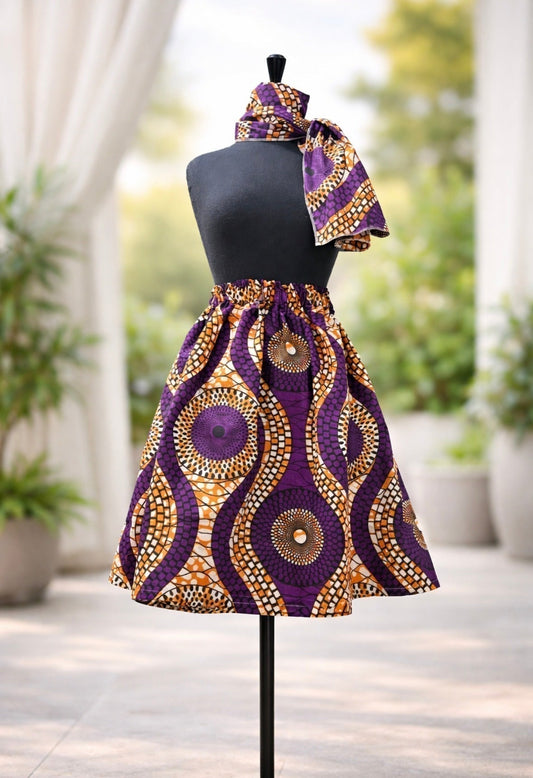 Ankara skirt on a black mannequin made from purple and gold, orange and brown wax prints with matching head wraps. 