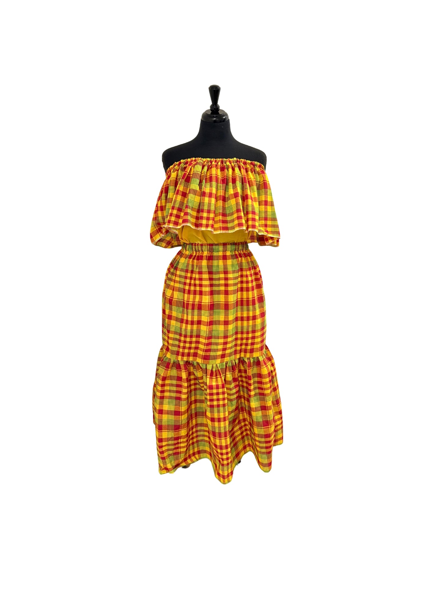 Women’s Jamaican Madras Ruffle Top and Skirt Set | Off Shoulder Peasant Top with Head Wrap